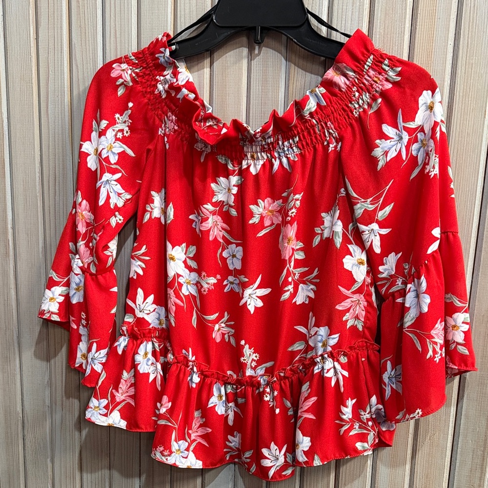 Divided Red Floral Women's Blouse